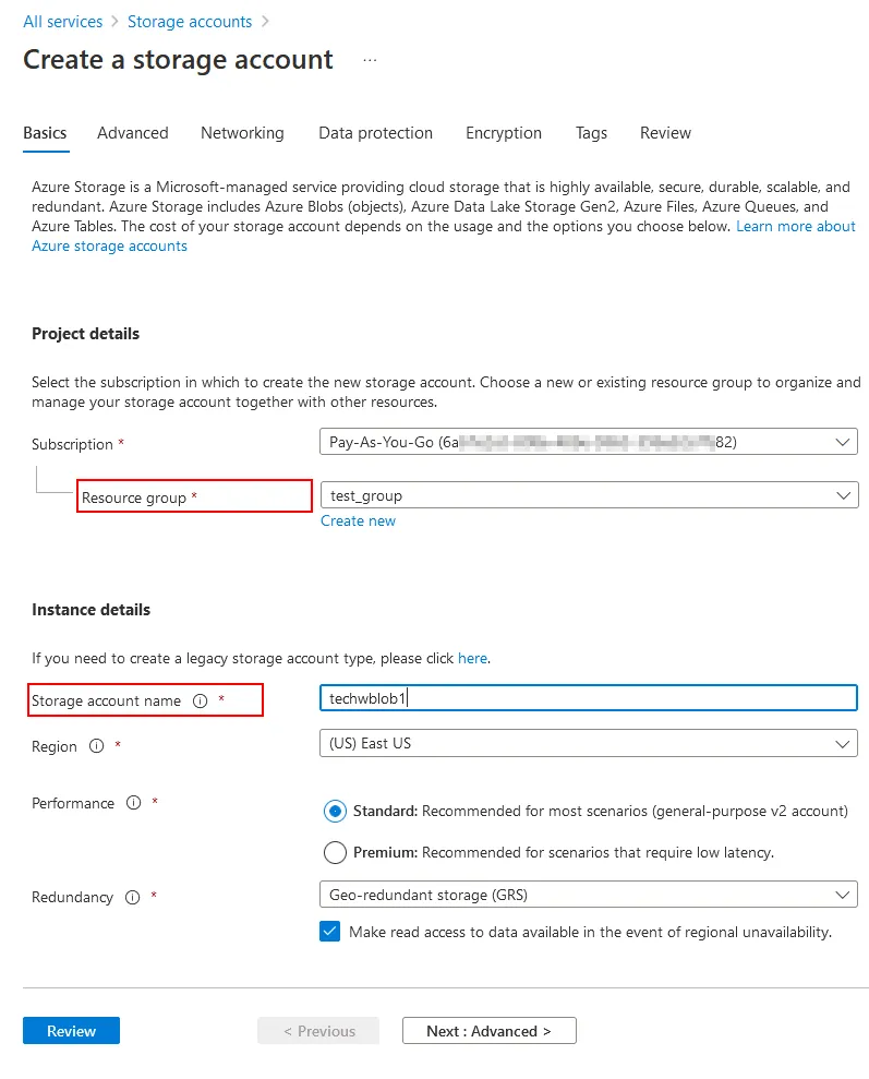 Creating a storage account for Azure data backup
