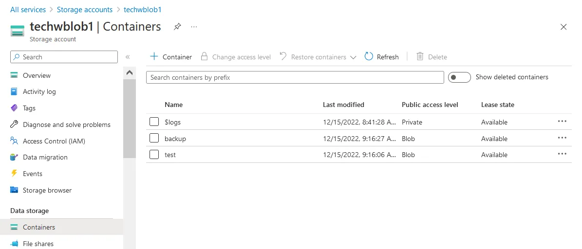 Creating containers for backup to Azure blob storage