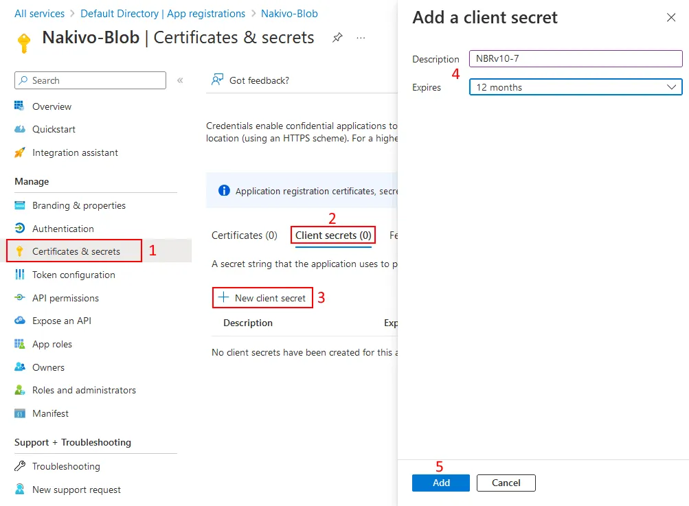 Generating a new client secret in Azure for configuring backup to Azure blob storage
