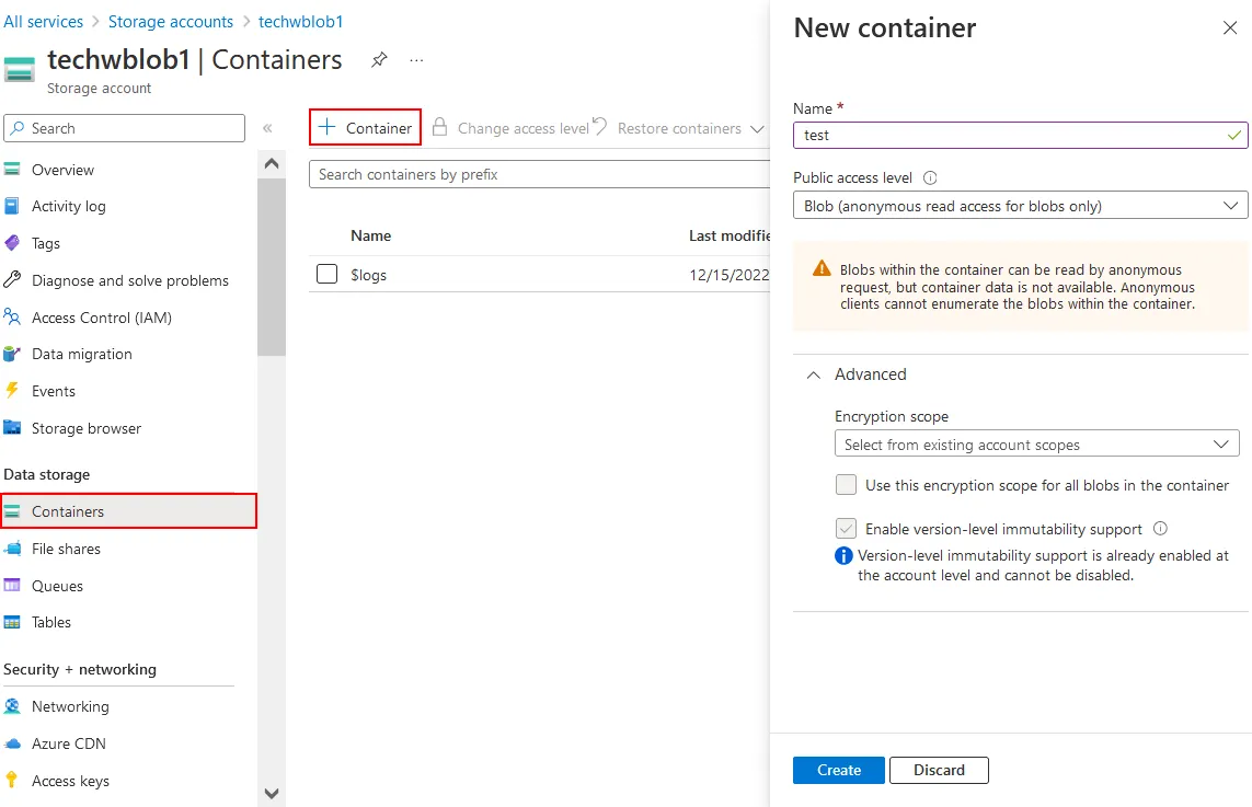 How to create a new Blob container for backup to Azure storage