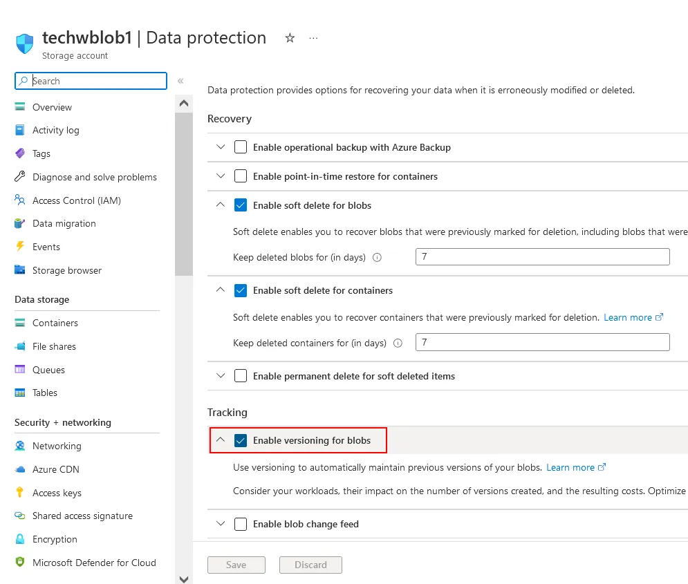 How to enable versioning for Azure storage backups