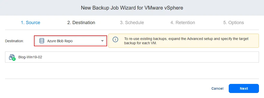 Selecting a backup repository located in Azure Blob Storage