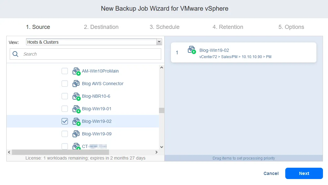Selecting a VM for backup to Azure blob storage