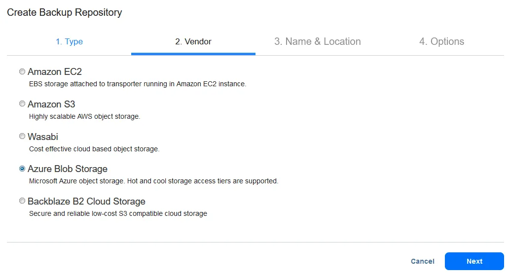 Selecting Azure Blob Storage as a vendor for backup to Azure storage