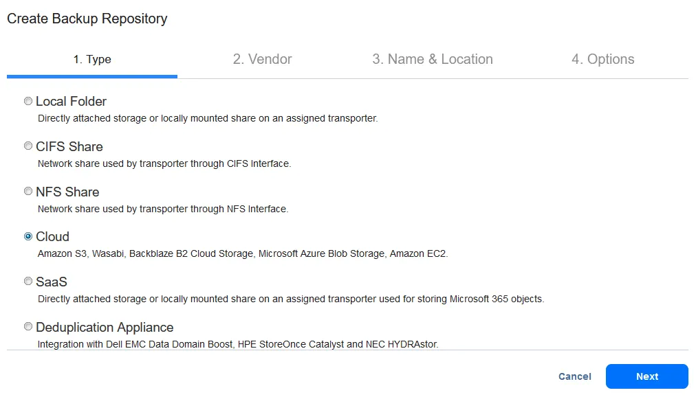 Selecting Cloud as a repository type for backup to Azure storage
