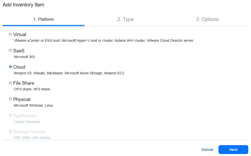 Selecting Cloud for backup to Azure blob storage