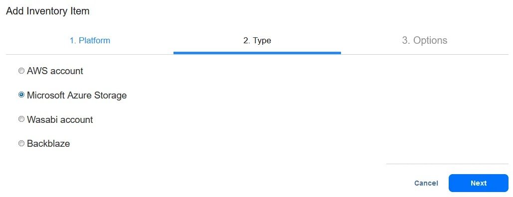 Selecting Microsoft Azure Storage for backup to Azure blob storage