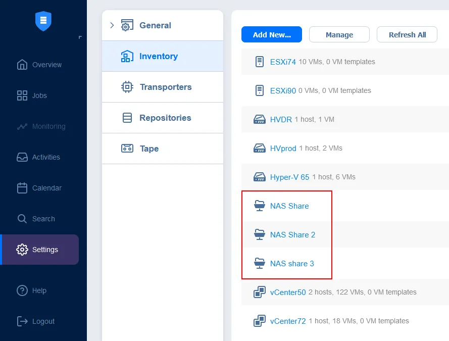 Backing up NAS file shares after adding them to the inventory