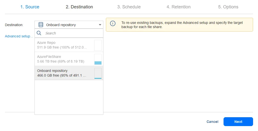 Selecting a destination backup repository that can be located in a file share for backing up NAS