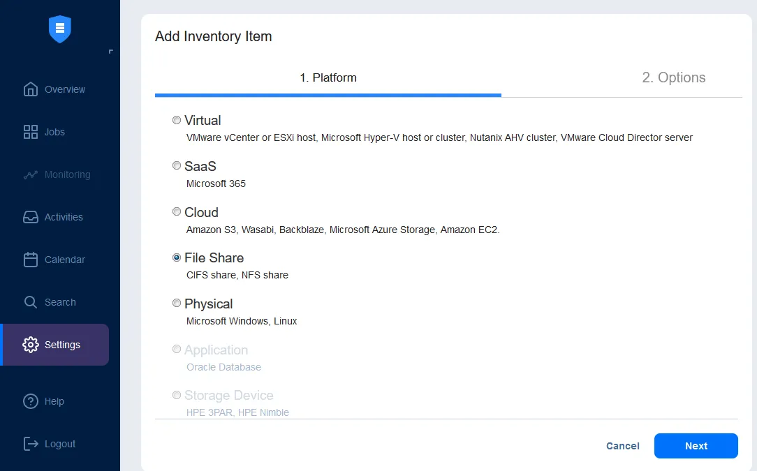 Selecting a file share for NAS storage backup
