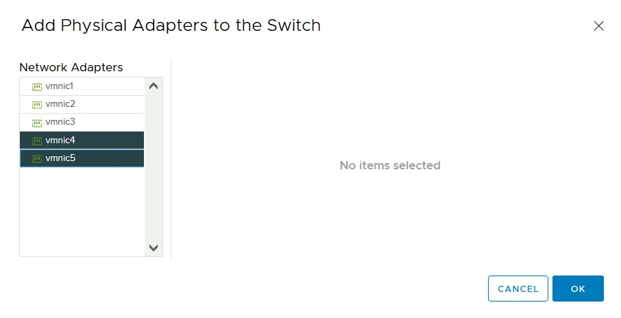 Adding physical adapters to the vSwitch