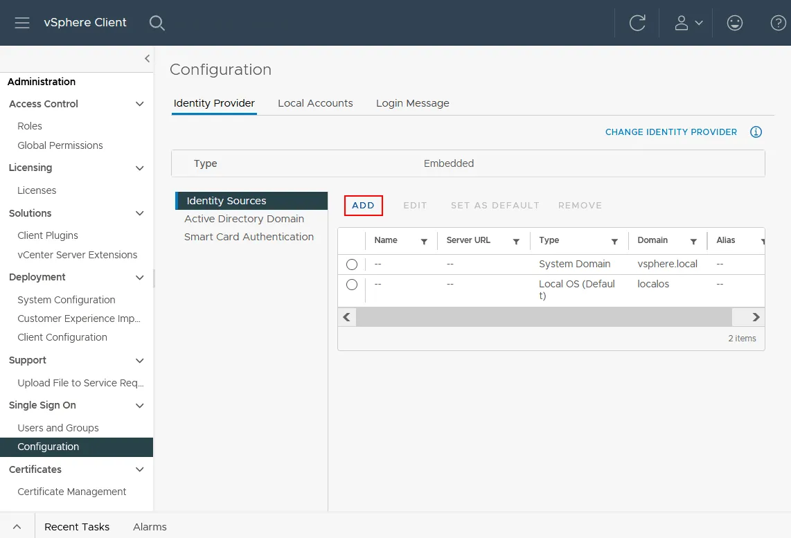 Selecting the identity provider to integrate vCenter with Active Directory