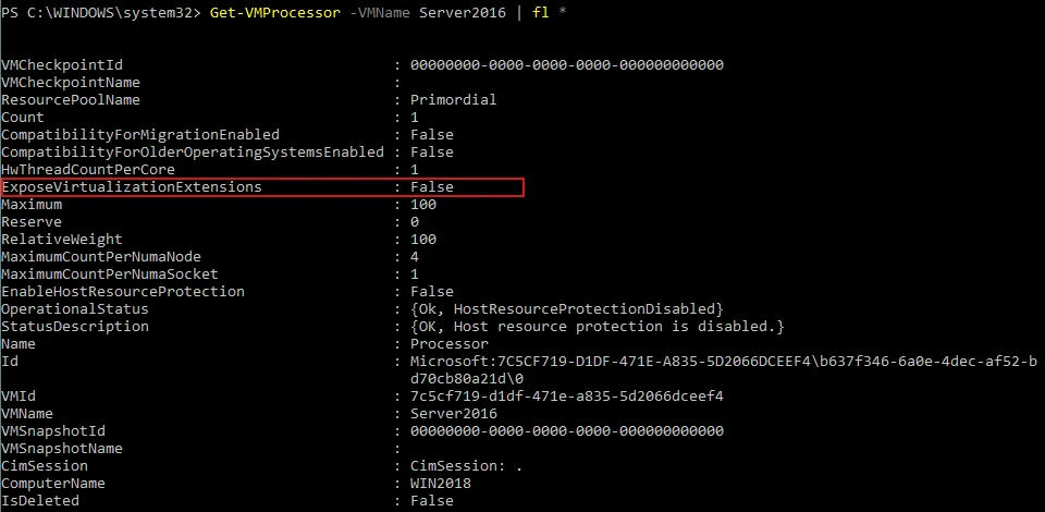 Hyper-V nested virtualization - checking if hardware virtualization is enabled for a VM
