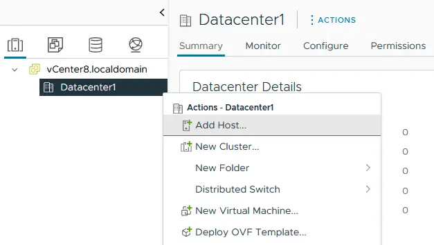 Ein Kontextmenü zum Hinzufügen eines Host zum Rechenzentrum von vCenter