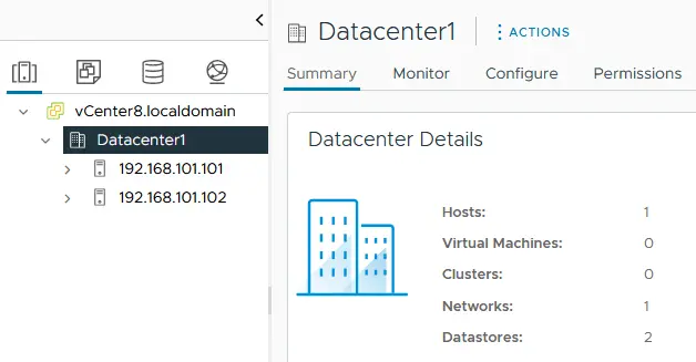 Ein Rechenzentrum wird erstellt und ESXi-Hosts werden zu vCenter hinzugefügt.