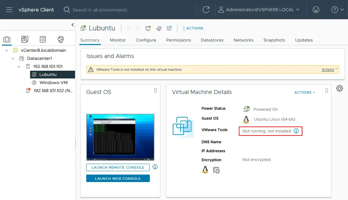 Eine verschachtelte Linux-VM läuft auf einem virtuellen VMware ESXi-Host, der im VMware-Heimlabor bereitgestellt ist.