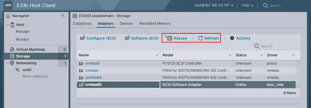Ein neuer iSCSI-Softwareadapter ist auf einem ESXi-Host verfügbar.