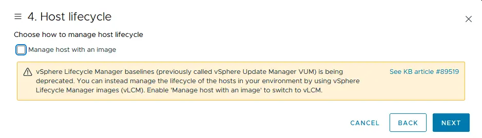 Auswahl der Optionen für den host-Lebenszyklus