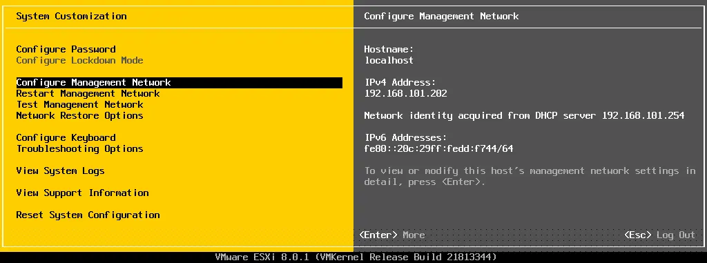Konfigurieren des Management-Netzwerks für ESXi im Menü „Systemanpassung“