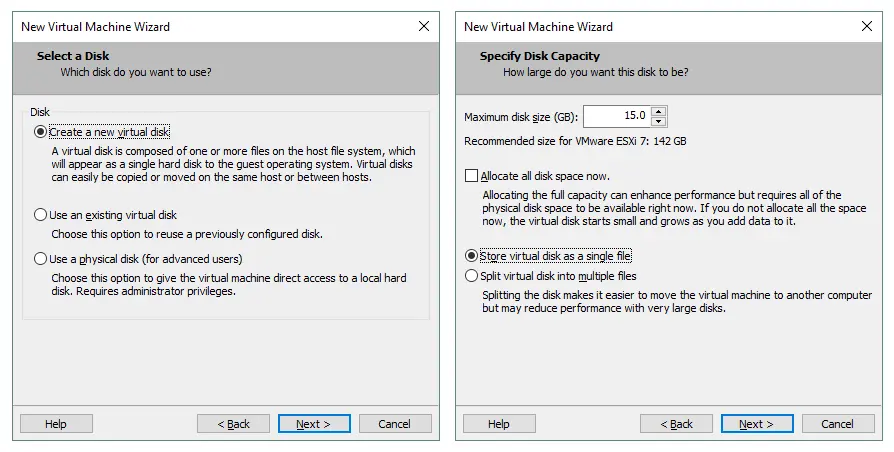 Erstellen einer neuen virtuellen Festplatte mit 15 GB für die ESXi-Installation