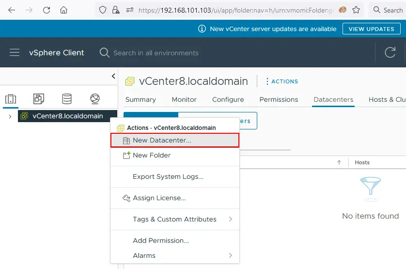 Erstellen eines neuen Rechenzentrums in vCenter mit VMware vSphere Client