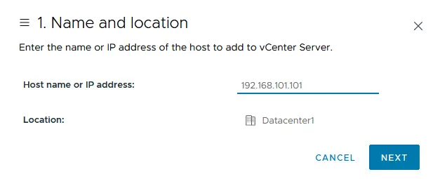 Eingabe des Namens und des Standorts eines ESXi-Hosts, der zum vCenter-Inventar hinzugefügt wird