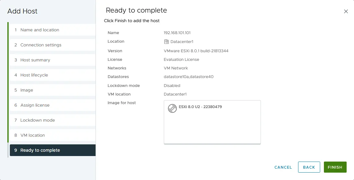 Fertigstellen des Hinzufügens eines ESXi-Hosts zu vCenter