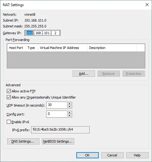 NAT-Einstellungen, geöffnet im VMware Workstation Virtuelles Netzwerk Editor