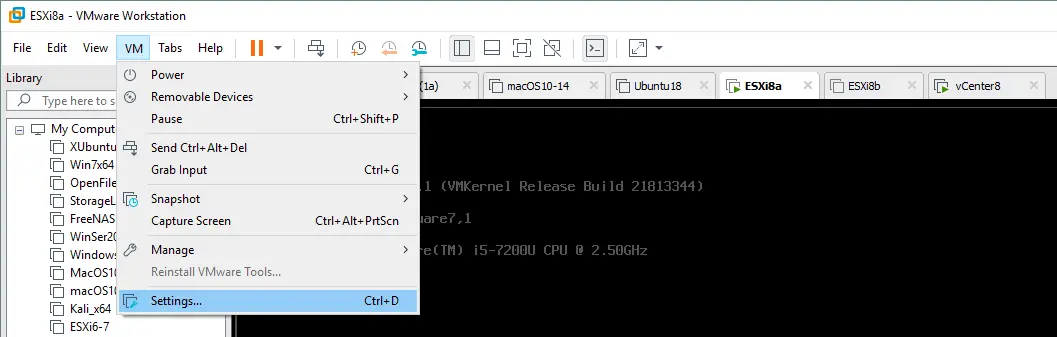 Öffnen der Einstellungen für virtuelle Maschinen in VMware Workstation