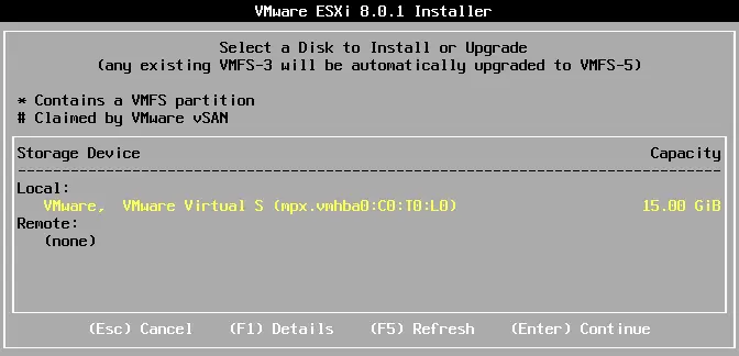 Auswählen einer Festplatte für die Installation von ESXi