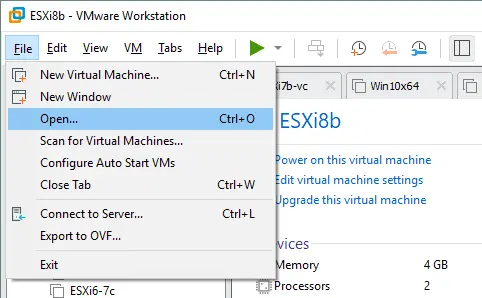 Auswählen der Option „Open VM“ zum Bereitstellen einer VM von einer OVA-Vorlage