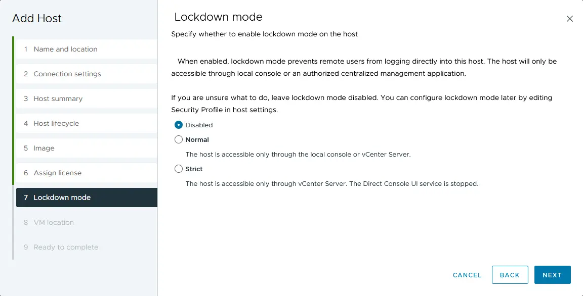 Festlegen der ESXi-Host-Sperroptionen beim Hinzufügen des Hosts zu vCenter