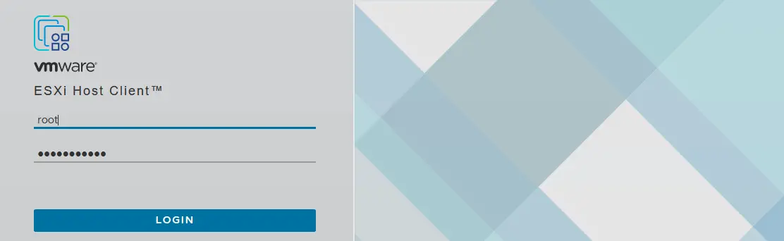 Der Anmeldebildschirm von VMware Host Client