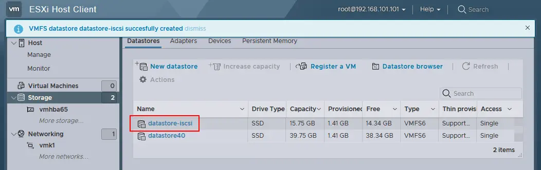 Der Remote-iSCSI-Datenspeicher wurde erfolgreich auf dem ESXi-Host erstellt.