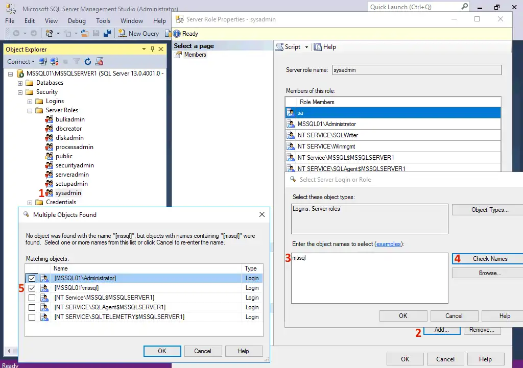 Adding a user to server roles on MS SQL Server
