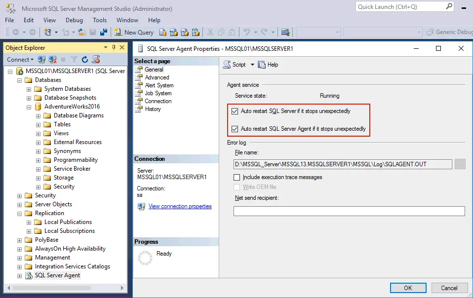 Checking MS SQL Server Agent startup options