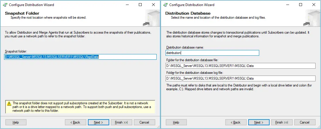 Configuring snapshot folder and distribution database folders