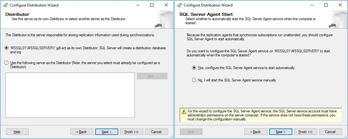 Configuring the Distributor and MS SQL Server Agent service startup options