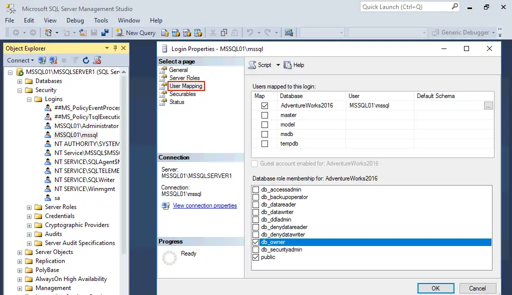 Configuring user mapping on MS SQL Server