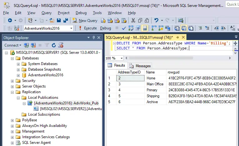 Deleting the line in the table of the master database