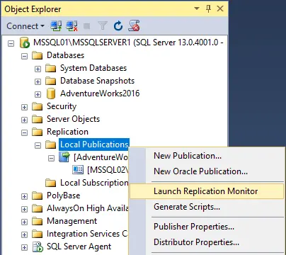 Launching the Replication Monitor to check MS SQL Server replication status