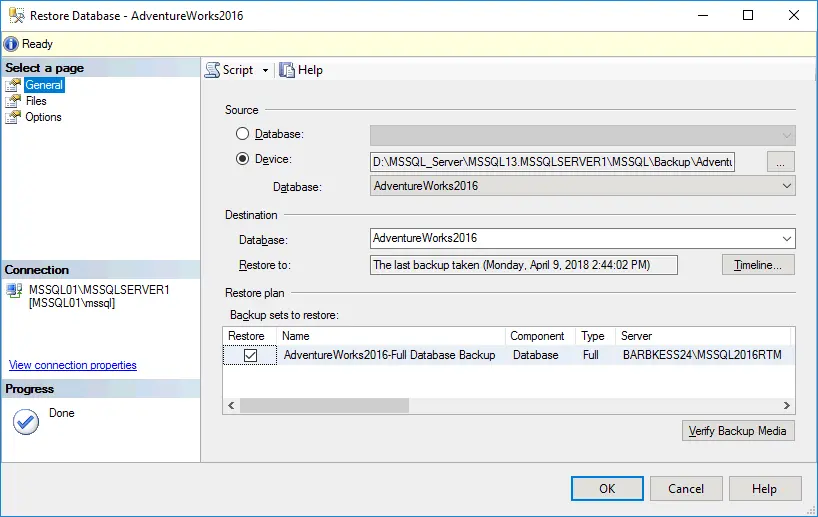 Restoring a sample database in MS SQL Server