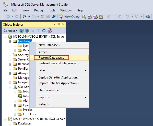 Restoring a sample database to reveal MS SQL Server replication configuration