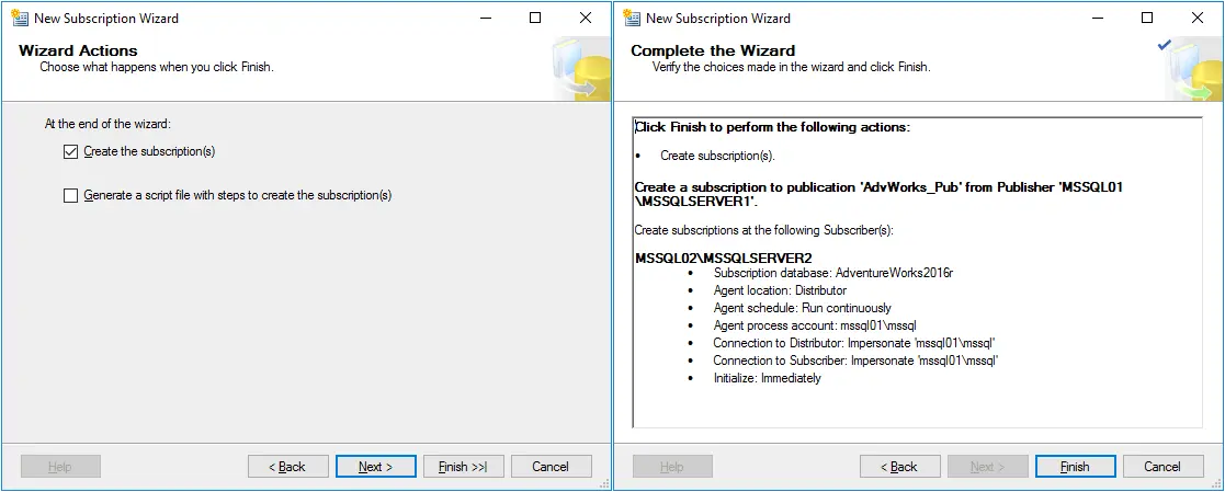 Selecting subscription wizard actions and completing the wizard