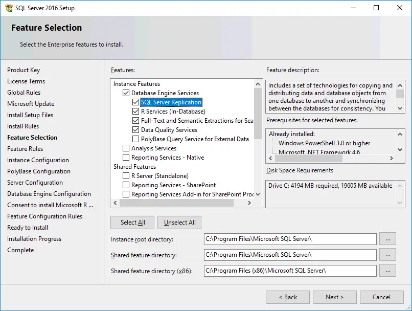 The components that must be installed with SQL Server