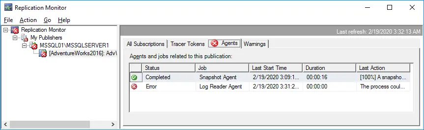 The error status of the Log Reader Agent