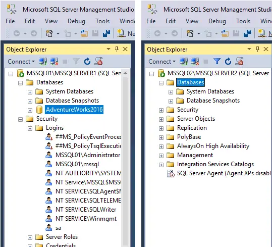 The view of two MS SQL Server instances in MS SQL Server Management Studio