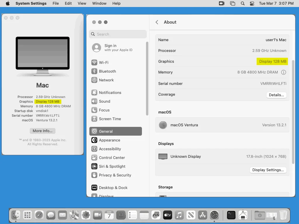 Viewing the information about macOS on VMware VM after installing VMware Tools