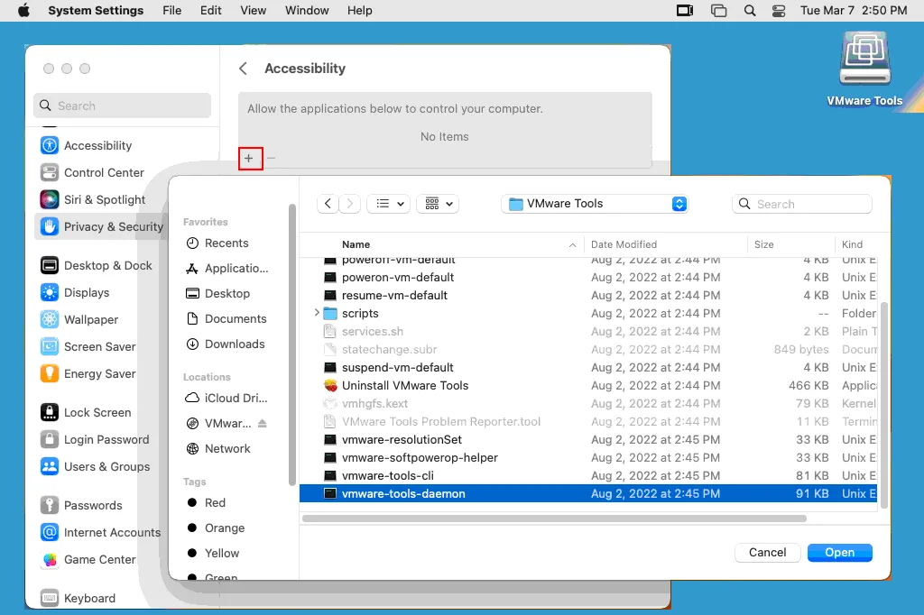 Setting vmware-tools-daemon as the allowed application in macOS on VMware
