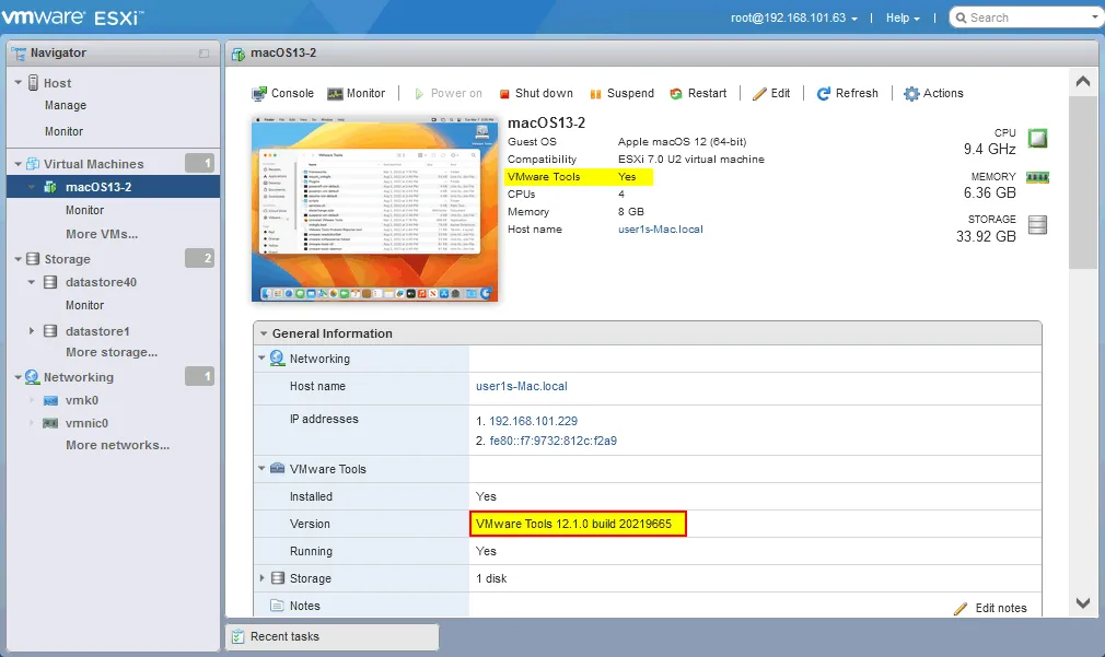 Running macOS on VMware ESXi with VMware Tools installed